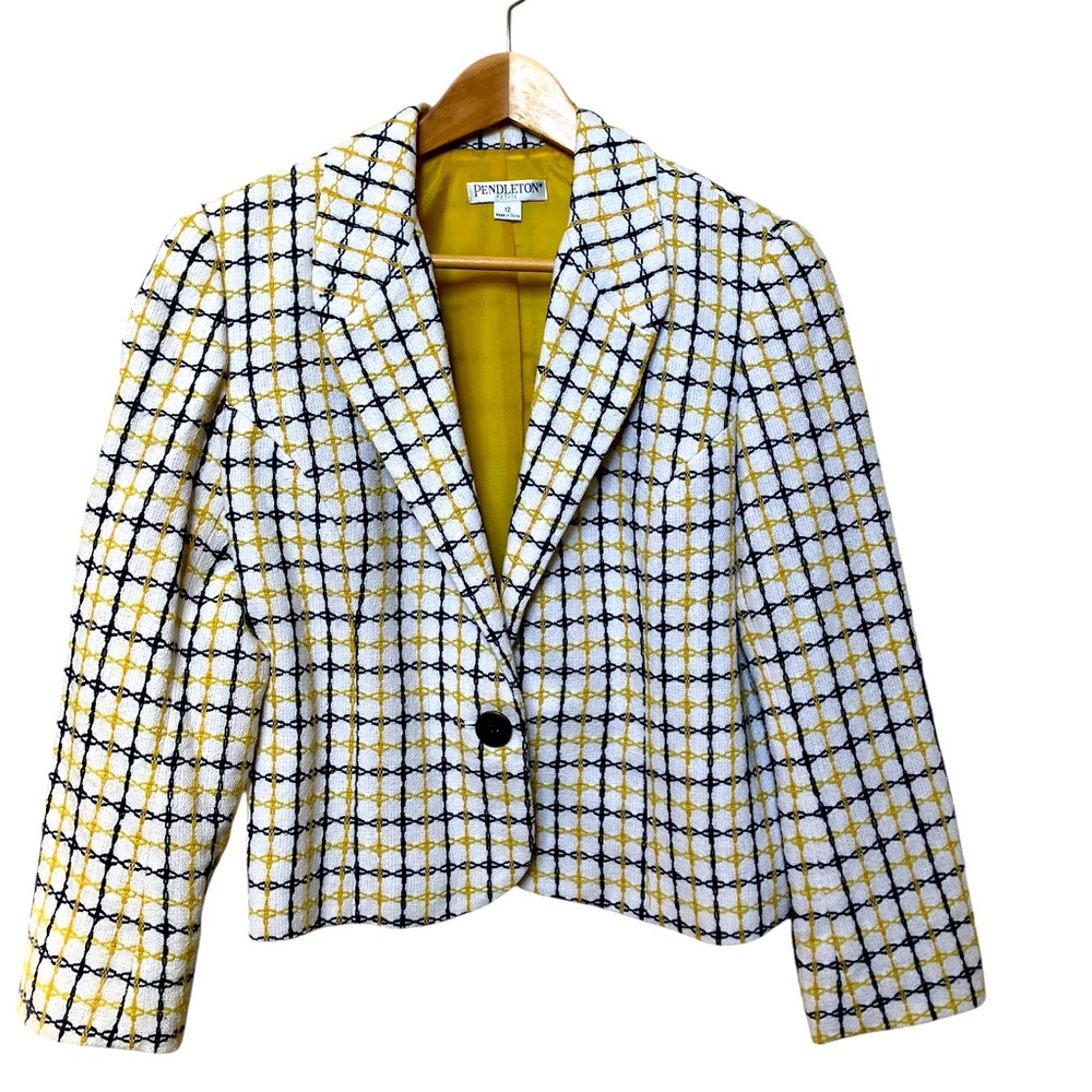 Pendleton Plaid Blazer Silk Cotton Blend Yellow Lined Jacket Button Embroidered